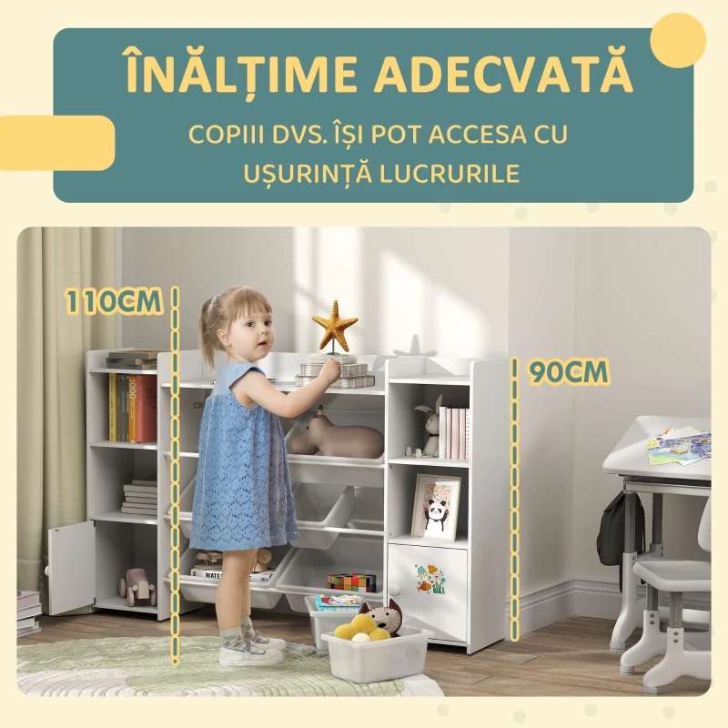 AIYAPLAY Raft pentru depozitarea jucăriilor pentru copii cu 8 containere detașabile și dulapuri, 140x30x90 cm, alb