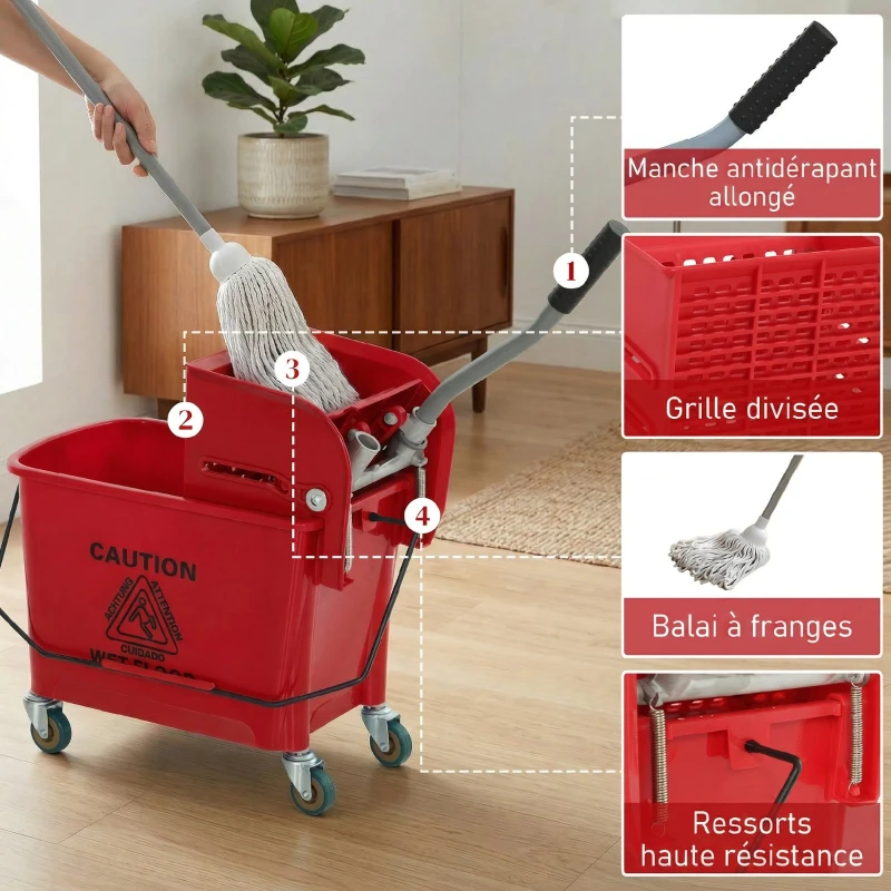 HOMCOM Chariot de ménage chariot de lavage essoreuse latérale seau 20 L, poignée et serpillère, 45 x 26,5 x 70 cm, rouge