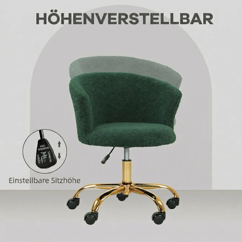 Vinsetto Sedia da Ufficio Girevole in Velluto Teddy, Struttura Acciaio, Altezza Regolabile, Portata 120kg, Verde Scuro