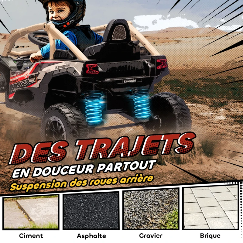 AIYAPLAY Voiture électrique enfant UTV KAWASAKI TERYX KRX 1000 12 V à 2 moteurs 25 W télécommande 2,4 Ghz 100 x 64 x 56 cm jaune