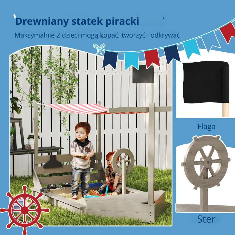 Drewniany piaskownica w kształcie statku z pokrywą i zestawem kuchennym