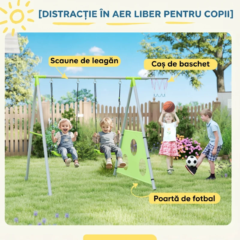 AIYAPLAY Set de Jocuri pentru Copii 3 în 1 cu Leagăn de Grădină, Coș și Poartă de Fotbal, 238x180x182 cm, Verde și Gri(m-8)