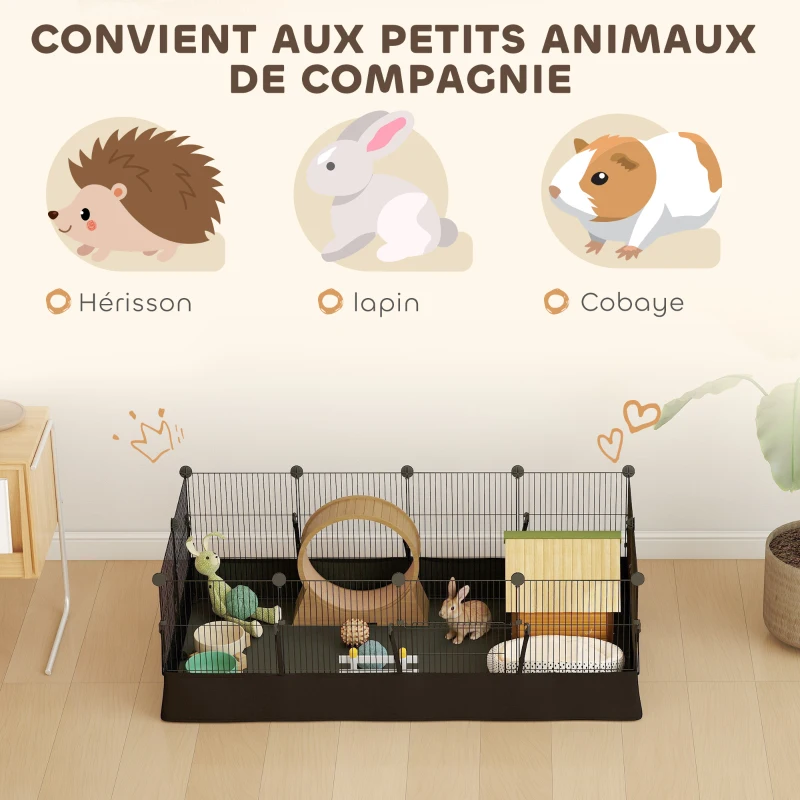PawHut Enclos pour petits animaux, cage à lapin modulable 12 panneaux avec tapis étanche, en acier, 120 x 60 x 40 cm, noir