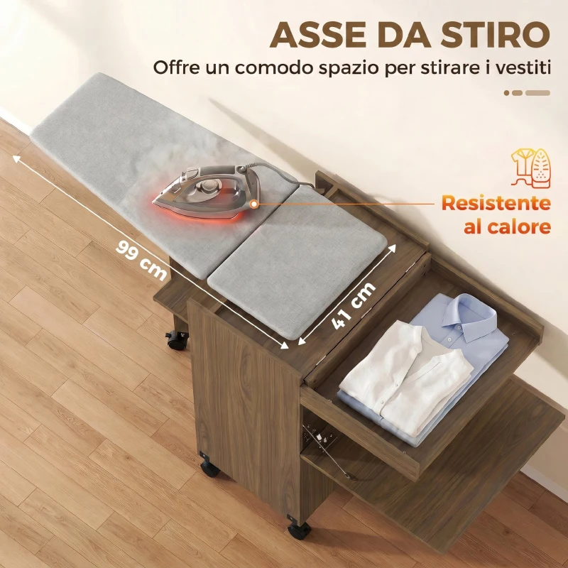 HOMCOM Mobile Asse da Stiro Pieghevole con Porta Ferro e Indumenti con Vano Aperto,154x55x87 cm, Marrone