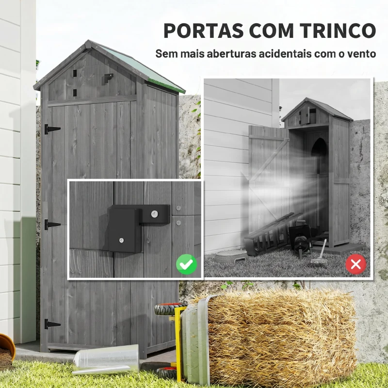 Outsunny Armário de Jardim de Madeira 77x54,2x179 cm 0,3 m² Armário de Armazenamento com 3 Prateleiras e 2 Portas Cinza e Verde