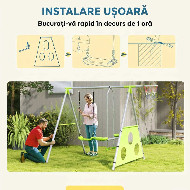 AIYAPLAY Set de Jocuri pentru Copii 3 în 1 cu Leagăn de Grădină, Coș și Poartă de Fotbal, 238x180x182 cm, Verde și Gri(m-9)