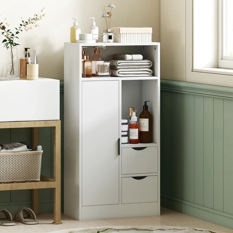 HOMCOM Meuble de salle de bain, meuble de rangement étroit avec 2 tiroirs, compartiments ouverts, 50x25x100cm, blanc