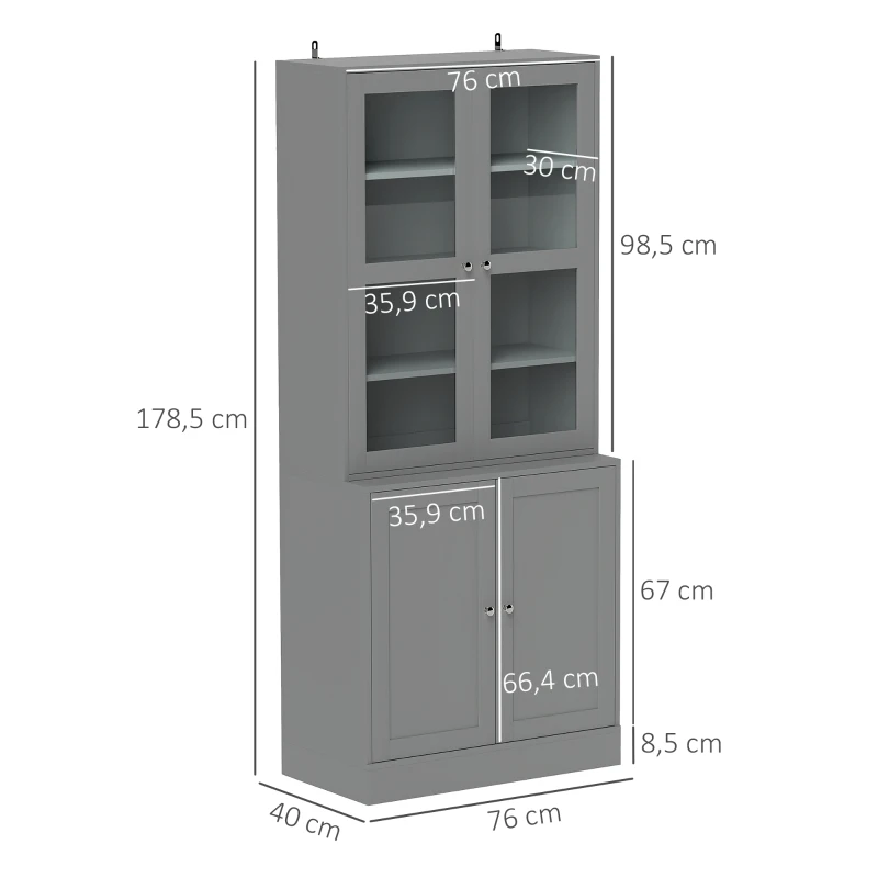 HOMCOM Bibliothèque vitrine, meuble de rangement à 6 niveaux avec 4 portes dont 2 en verre trempé, étagères réglables, gris