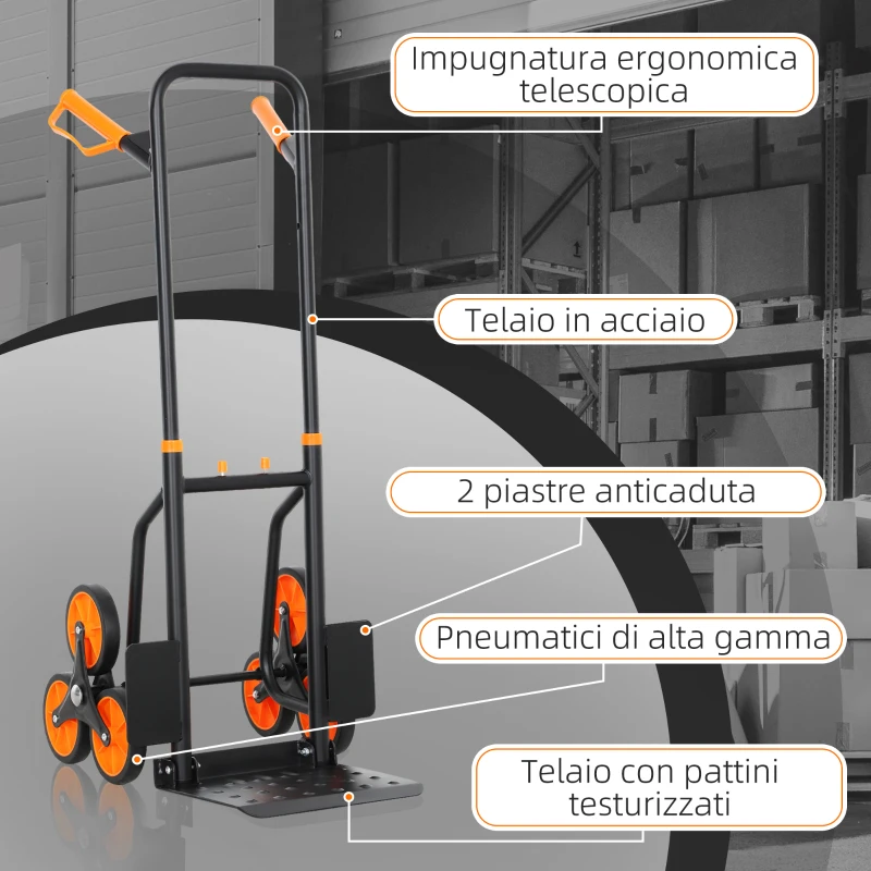 DURHAND Carrello Portapacchi per Scale 6 Ruote, Pieghevole, Portata 120kg, in Acciaio, per Trasloco, Giardinaggio, Arancione