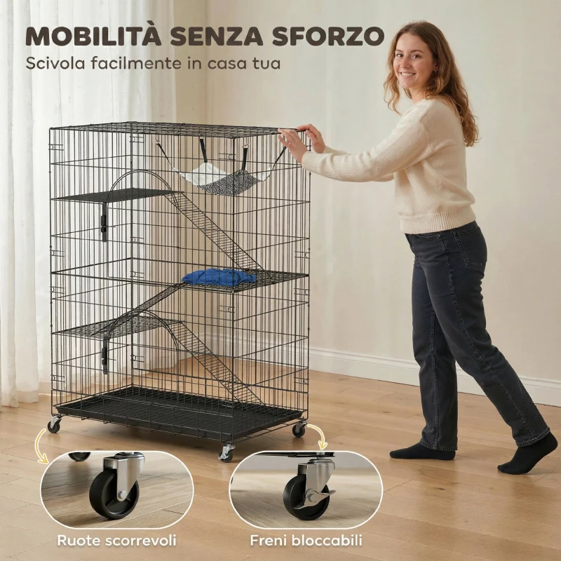 PawHut Gabbia Gatti a 4 Livelli con Amaca, Letto, Rampe e Piattaforme in Metallo con Ruote e Vassoio Estraibile, Nero