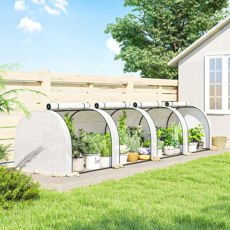 Outsunny Mini serre de jardin serre à tomates 4 x 1 x 0,80 m acier PE anti-UV 4 portes avec zip enroulables blanc