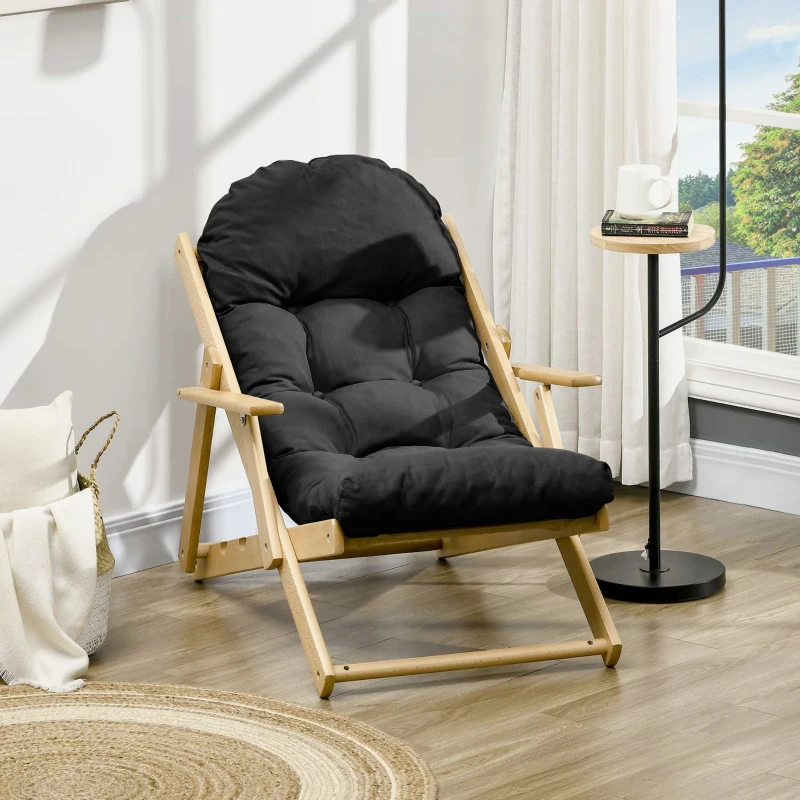 HOMCOM Fauteuil Chaise de Salon Pliable et inclinable en Bois Fauteuil Relax Confortable avec Coussin capitonné épais