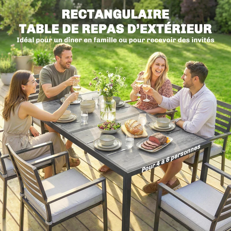 Outsunny Table de jardin pour 4 à 6 personnes, table à manger extérieure avec plateau à effet bois, 150 x 80 x 74 cm, gris