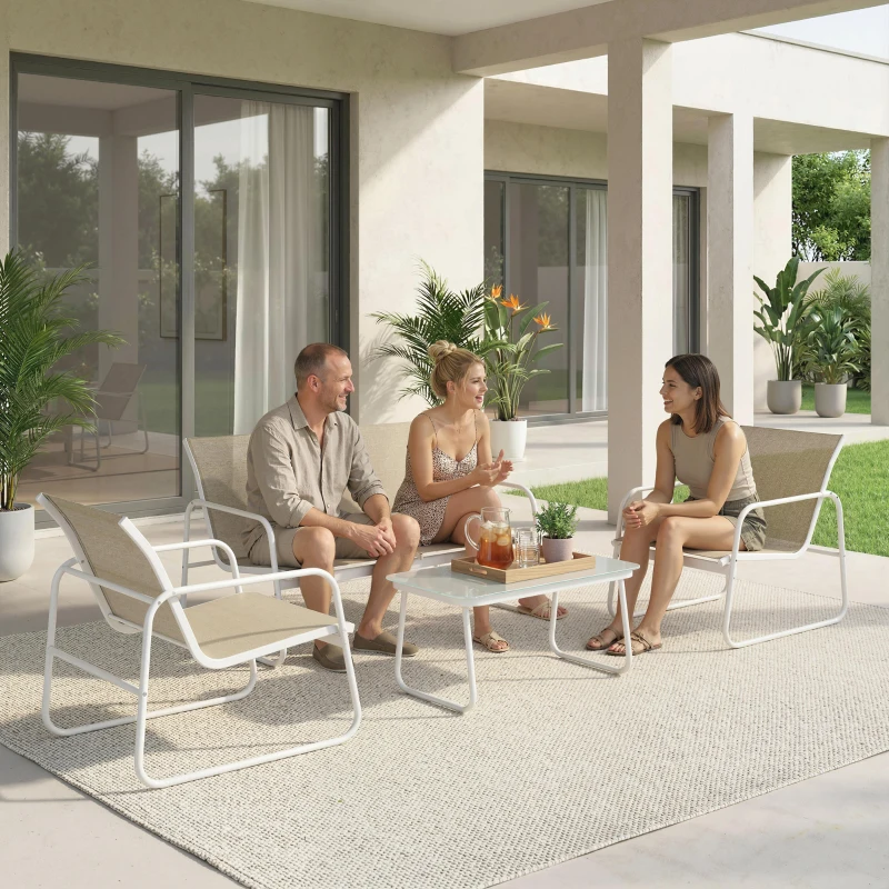 Outsunny Salon de Jardin 4 Pièces avec Canapé 2 Places, 2 Fauteuils et Table, en Acier Textilène Verre Trempé, 112x73x74 cm, Kaki
