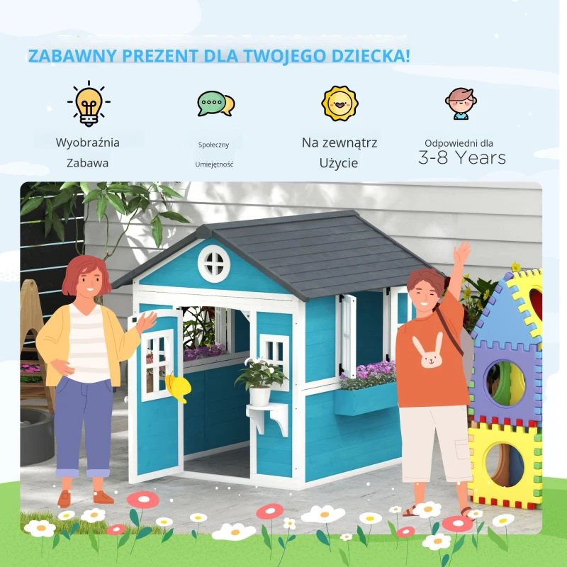 Drewniany domek dla dzieci z oknem, kwietnikiem i drzwiami