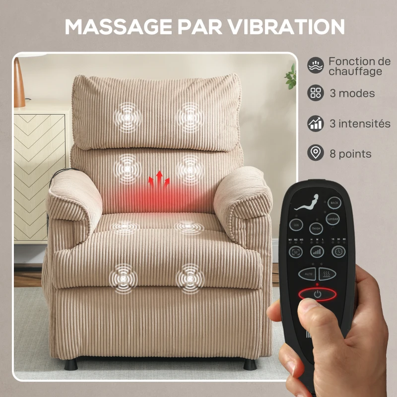HOMCOM Fauteuil relax électrique massant et chauffant, fauteuil inclinable en velours côtelé, moteur ultra-silencieux, marron