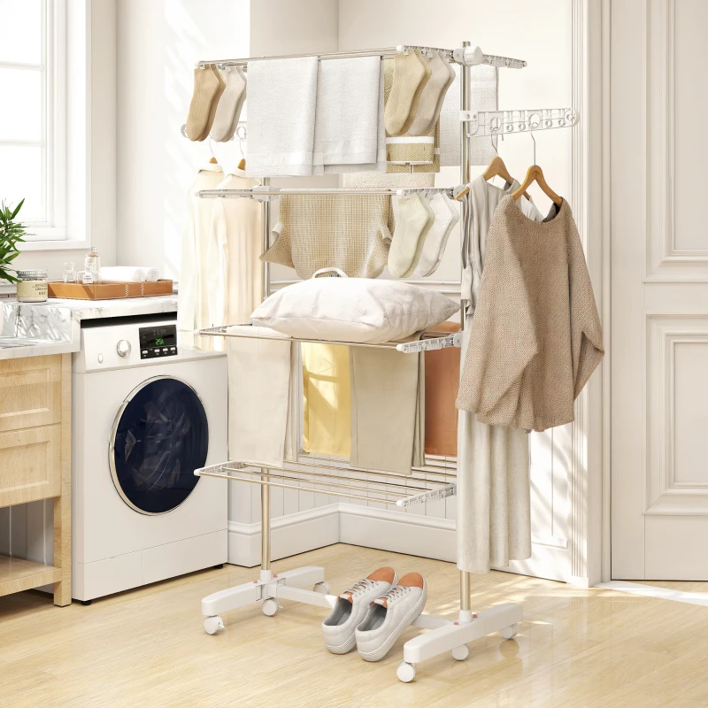 HOMCOM Séchoir à linge étendoir pliable ailes latérales utilisation intérieure et extérieure 142 x 55 x 172 cm 4 niveaux blanc