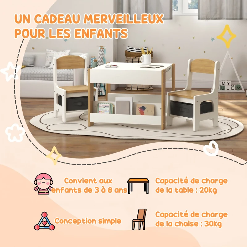 HOMCOM Ensemble 3 pièces table et 2 chaises pour enfant avec plateau réversible tableau noir, panier de rangement, étagères
