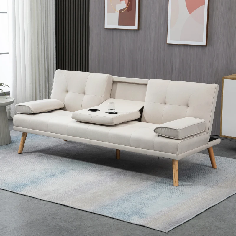 HOMCOM Canapé convertible 3 places, canapé-lit rembourré avec dossier réglable 3 niveaux, 2 coussins et 2 porte-gobelets intégrés, tissu de lin, pour salon, chambre d'amis, petit espace, beige