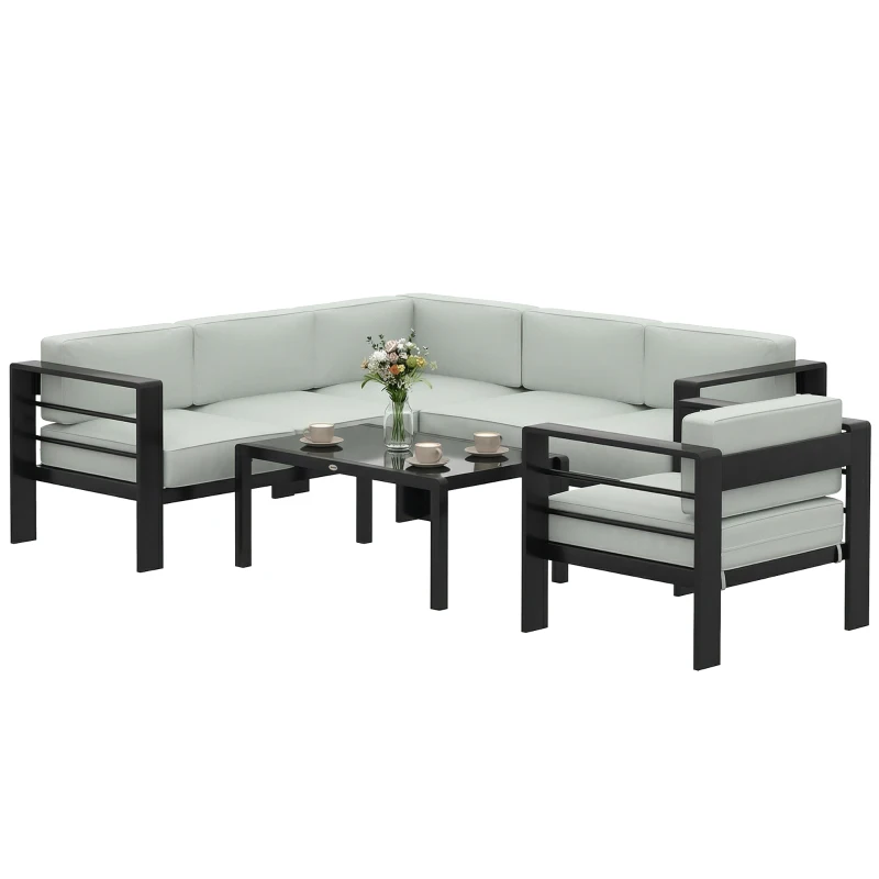 Outsunny 5-Piece Garden Corner Sofa Set with Cushions, 6 Seater Aluminium Garden Furniture Set with Coffee Table, Light Grey