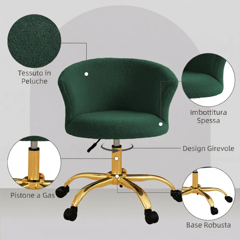 Vinsetto Sedia da Ufficio Girevole in Velluto Teddy, Struttura Acciaio, Altezza Regolabile, Portata 120kg, Verde Scuro