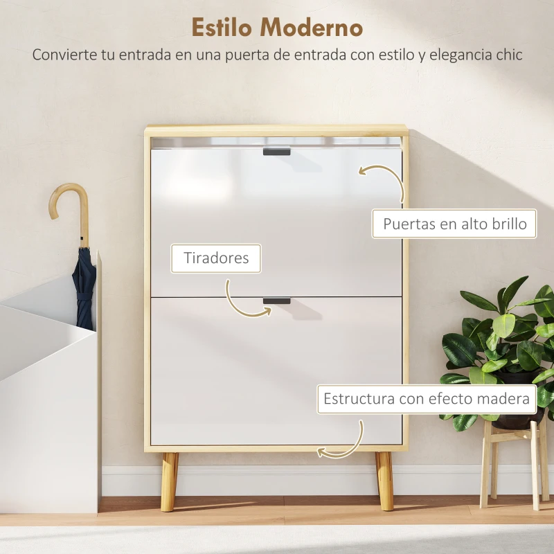 HOMCOM Zapatero Estrecho con 2 Puertas en Blanco Brillo Estantes Ajustables Patas de Madera para 12 Pares de Zapatos
