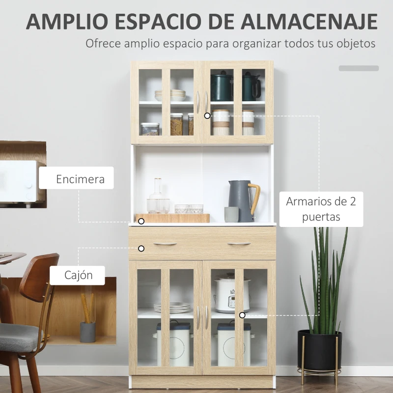 HOMCOM Alacena de Cocina con 4 Puertas de Vidrio Encimera Abierta Cajón Estantes Ajustables 80x40x180 cm Blanco y Natural