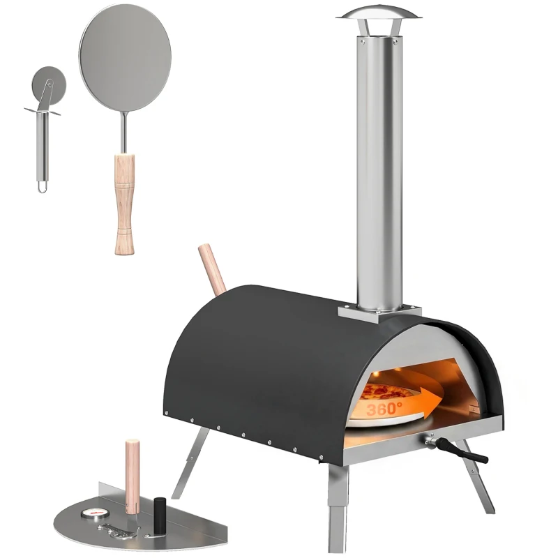 Outsunny Outdoor Pizza Oven Foldable Legs Pellet Wood Fired Pizza Maker w/ 12" Rotating Stone and Peel