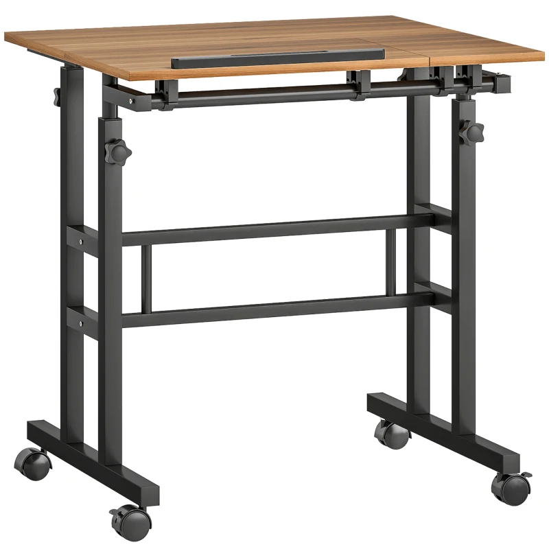 HOMCOM Bureau assis debout bureau réglable en hauteur 70 x 60 cm à roulettes avec plateau inclinable cadre en métal marron