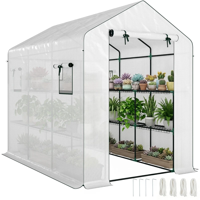 Outsunny Serre de jardin 3 m² avec étagères 3 niveaux, PE renforcée 135 g/m² anti-UV, porte enroulable et fenêtres en maille