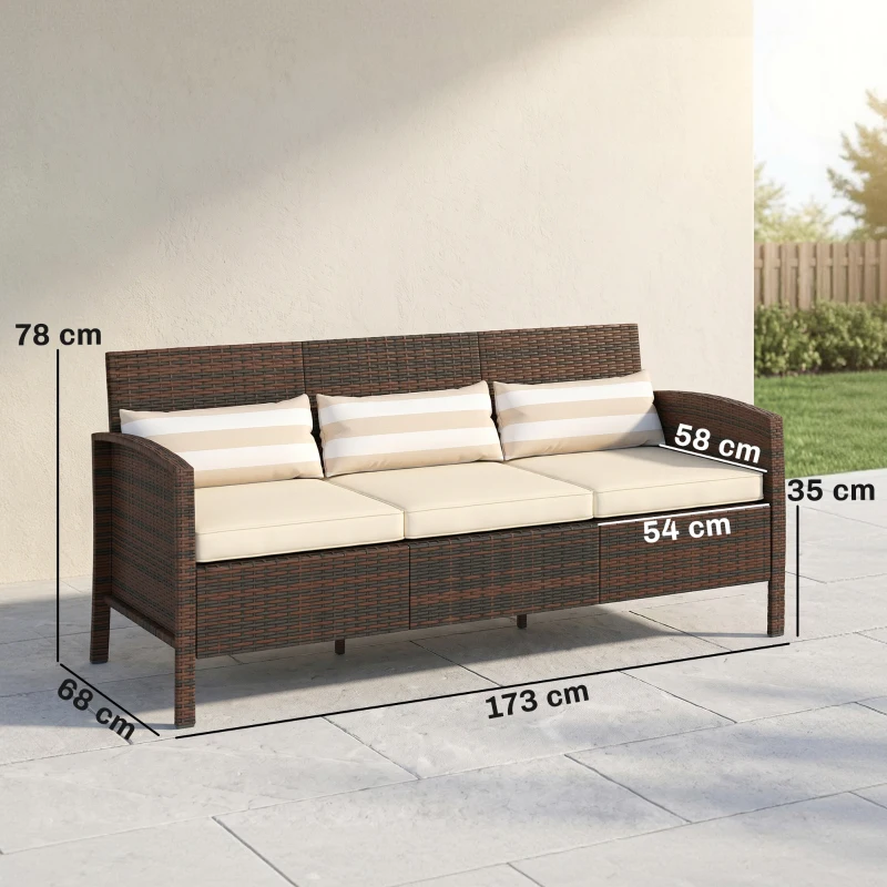 Outsunny Divano 3 Posti da Esterno in Rattan PE con Cuscini Imbottiti e Sfoderabili, 173x68x78 cm, Marrone