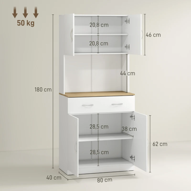 HOMCOM Armario Alacena de Cocina con Cajón 4 Puertas y Estantes Interiores Ajustables Mueble de Almacenaje 80x40x180 cm Blanco