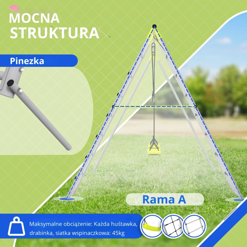 Outsunny Zestaw huśtawek dla dzieci z metalową ramą, stelaż z podwójną huśtawką, siatką do wspinaczki, drabiną, huśtawka ogrodowa dla dzieci 3-8 lat, stal, Zielony