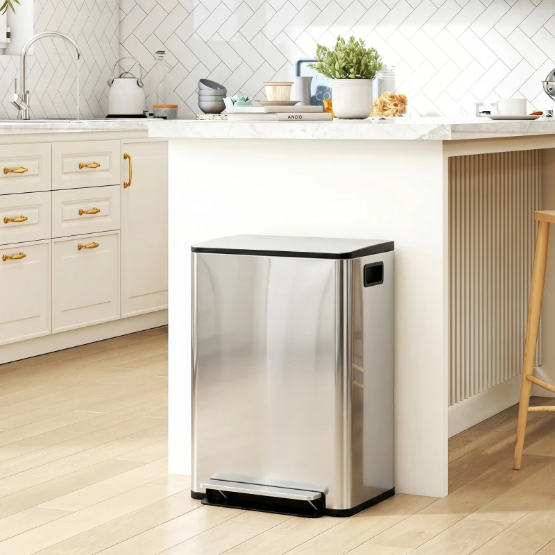 HOMCOM Poubelle de cuisine 2 compartiments de 2 x 30L, avec pédale, en acier inoxydable, couvercle à fermeture douce