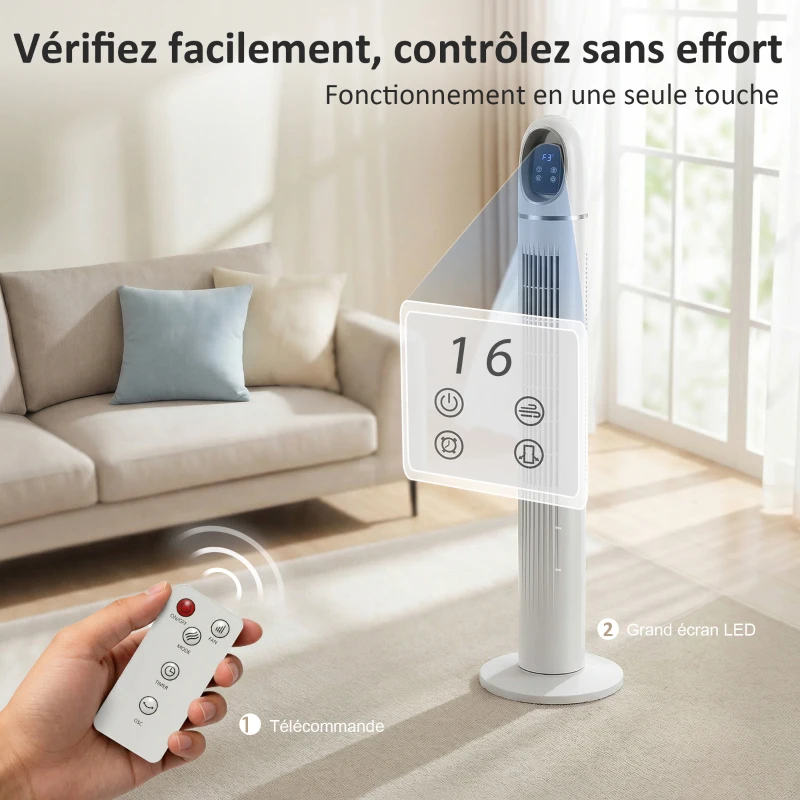 HOMCOM Ventilateur colonne, ventilateur tour pour chambre, 111 cm de haut, oscillant à 70°, 3 modes, 3 vitesses, blanc