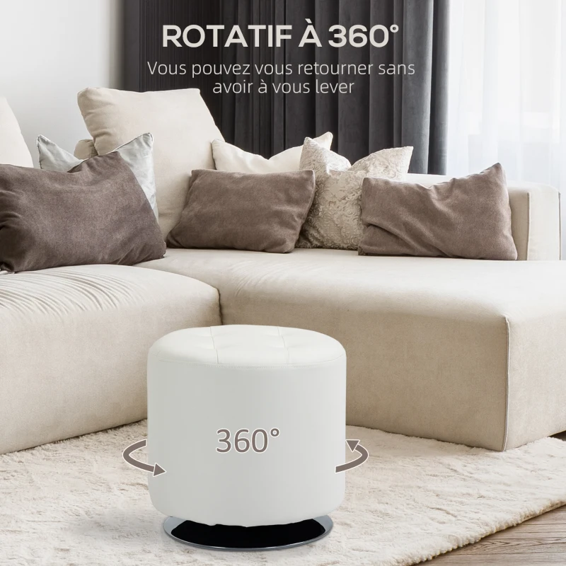 HOMCOM Repose pied salon pivotant à 360°, ottoman rond rembourré en PU avec base en acier, Ø 45,5 x 44,5 cm, blanc