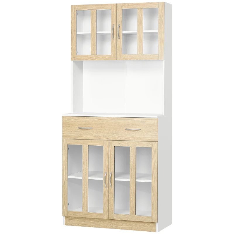 HOMCOM Alacena de Cocina con 4 Puertas de Vidrio Encimera Abierta Cajón Estantes Ajustables 80x40x180 cm Blanco y Natural