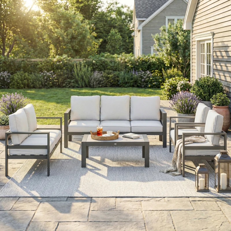 Outsunny 5 Pieces Aluminium Garden Furniture Set with Olefin Cushions, Extra Deep Outdoor Garden Sofa Set, Dark Grey