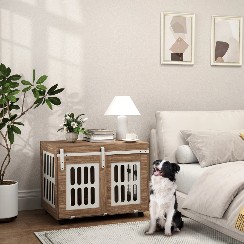 PawHut Meuble cage pour chien avec porte coulissante, maison pour chien de moyenne, table d'appoint, 80 x 59 x 63 cm, noyer
