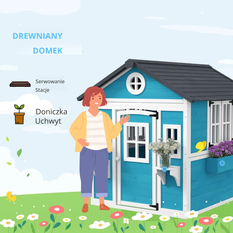Drewniany domek dla dzieci z oknem, kwietnikiem i drzwiami