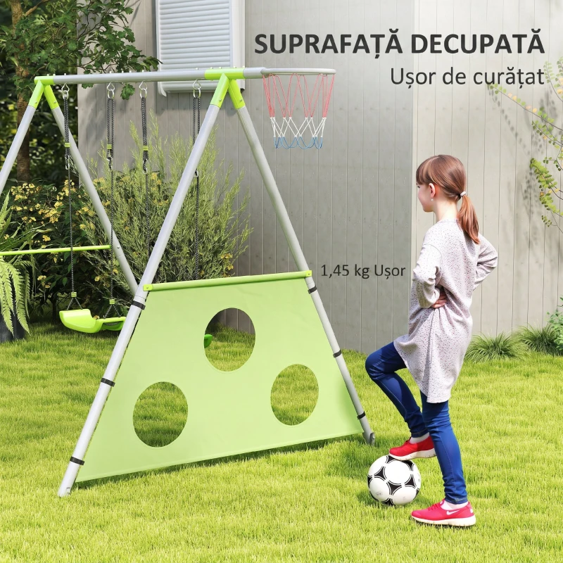 AIYAPLAY Set de Jocuri pentru Copii 3 în 1 cu Leagăn de Grădină, Coș și Poartă de Fotbal, 238x180x182 cm, Verde și Gri(m-13)