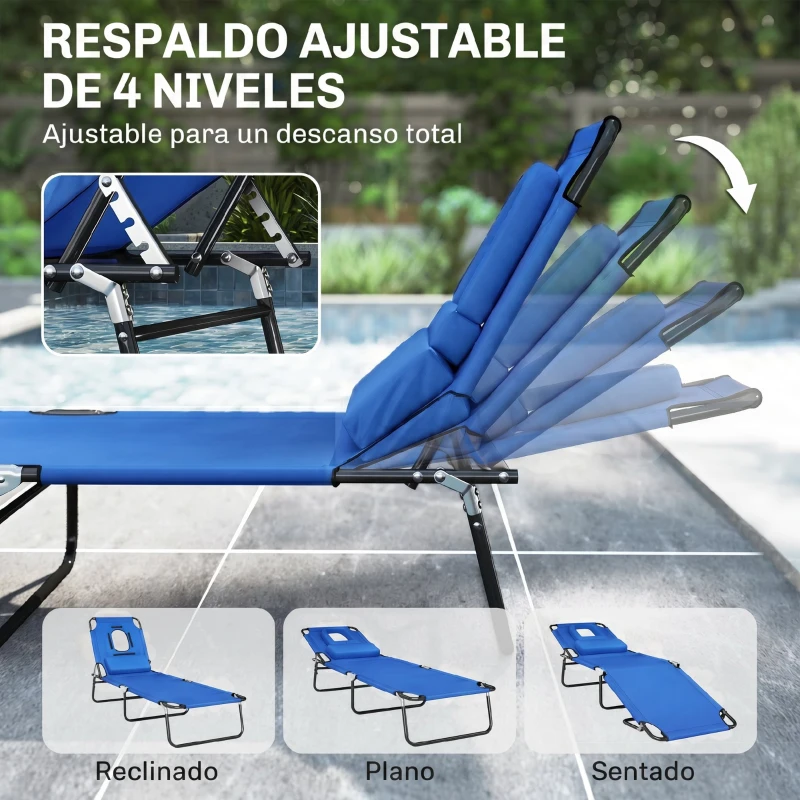 Outsunny Tumbona Plegable con Respaldo Regulable en 4 Posiciones Tumbona de Jardín con Orificio de Lectura Almohada Marco Metálico y Tela Oxford para Playa Terraza Carga 120 kg 190x56x28 cm Azul