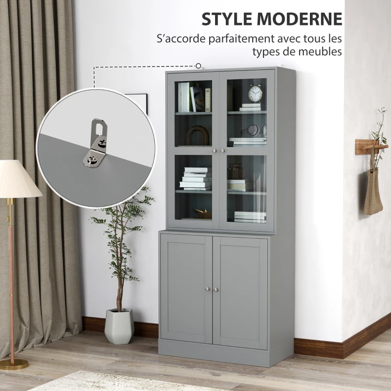HOMCOM Bibliothèque vitrine, meuble de rangement à 6 niveaux avec 4 portes dont 2 en verre trempé, étagères réglables, gris