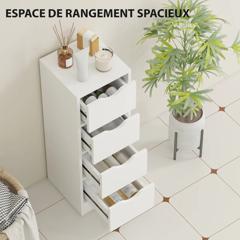 HOMCOM Meuble de salle de bain, meuble de rangement avec 4 tiroirs et poignées en rainure, 29 x 29 x 83 cm, blanc