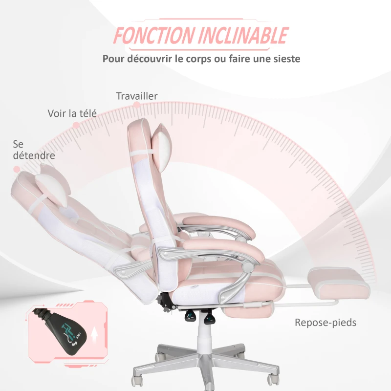 HOMCOM Chaise gaming, fauteuil gaming ergonomique avec repose-pieds, hauteur réglable, dossier inclinable, 63x63x123cm, rose