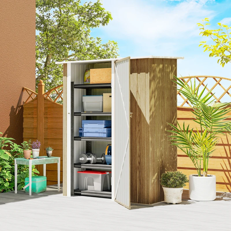 Outsunny Capanno Porta Attrezzi in Metallo con Tetto Inclinato e Porta Bloccabile, 142x86x189 cm, color Legno