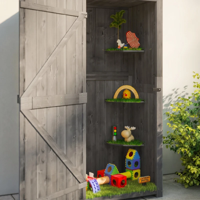 Outsunny Armário de Jardim de Madeira 77x54,2x179 cm 0,3 m² Armário de Armazenamento com 3 Prateleiras e 2 Portas Cinza e Verde