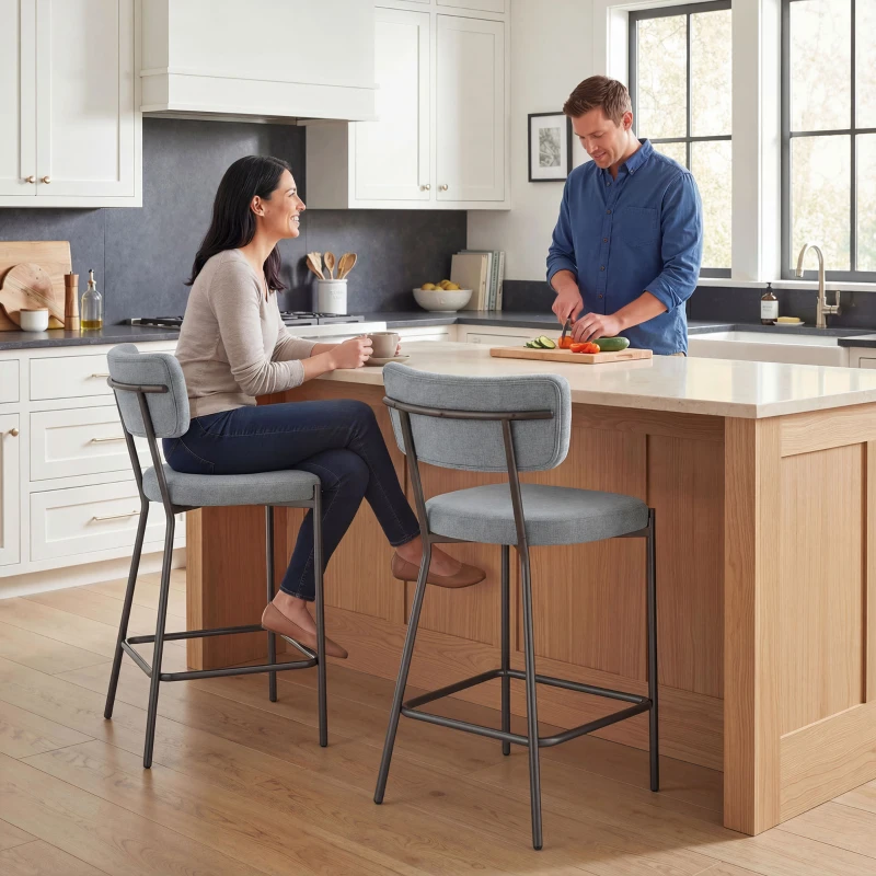 HOMCOM Lot de 2 tabourets de bar, chaises de bar, assise rembourrée, dossier courbé et repose-pieds, 49 x 53 x 93 cm, gris