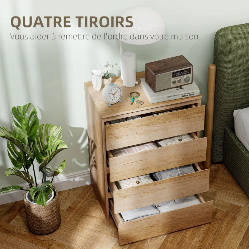 HOMCOM Commode 4 tiroirs meuble de rangement sans poignées design minimaliste 60 x 40 x 80 cm naturel