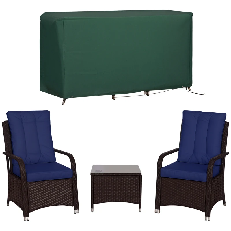 Outsunny 3 Pieces Rattan Bistro Set with Furniture Cover, Wicker Garden Furniture Set, Glass Top Coffee Table and Chairs with Cushions for Outdoor, Patio, Balcony, Dark Blue